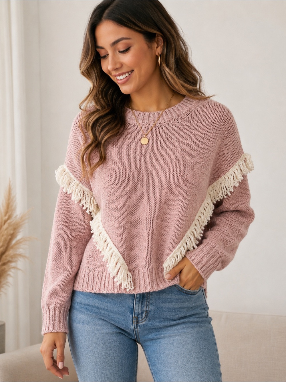 Madewell cotton blend Dusty Pink Fringe Crewneck Sweater XS